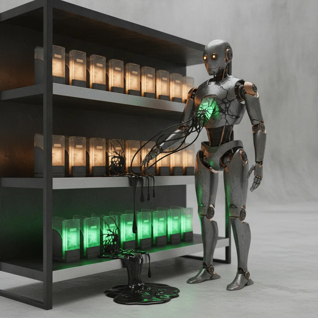 A glowing AI-agent skill store shelf with one poisoned package cracked open, dark malware leaking from it into the registry