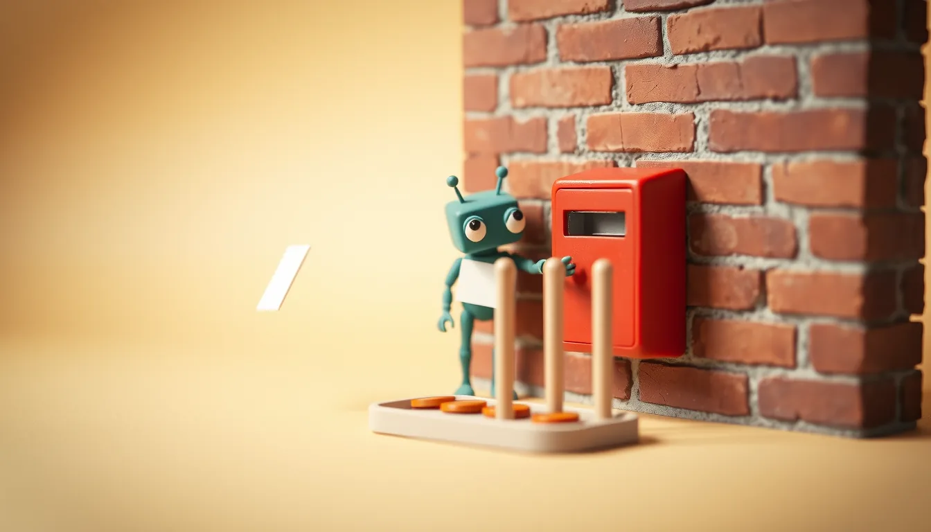 A teal clay robot reaching for the slot of a red public tip box on a brick wall, blocked by a cream turnstile that only opens with amber tokens