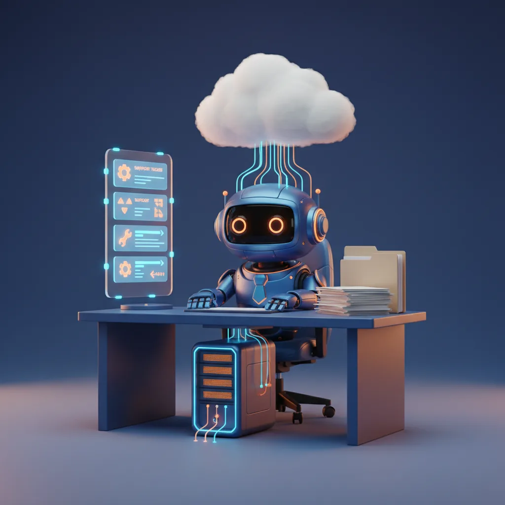 A 3D AI assistant working an IT service desk: a ticket queue, a stack of documents, and a hybrid cloud-plus-on-prem setup feeding it