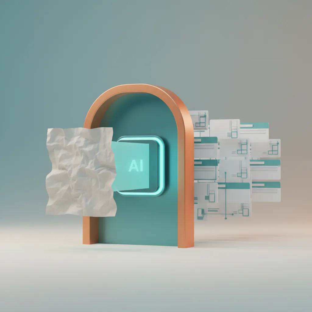Isometrische Illustration: OCR und ein LLM verwandeln ein gescanntes Dokument in ein sauberes strukturiertes Datenraster