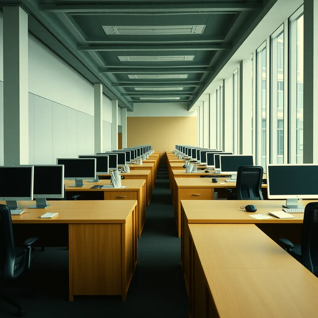 An open-plan office where the nearest desks sit bare and unused while the rows behind them stay fully equipped