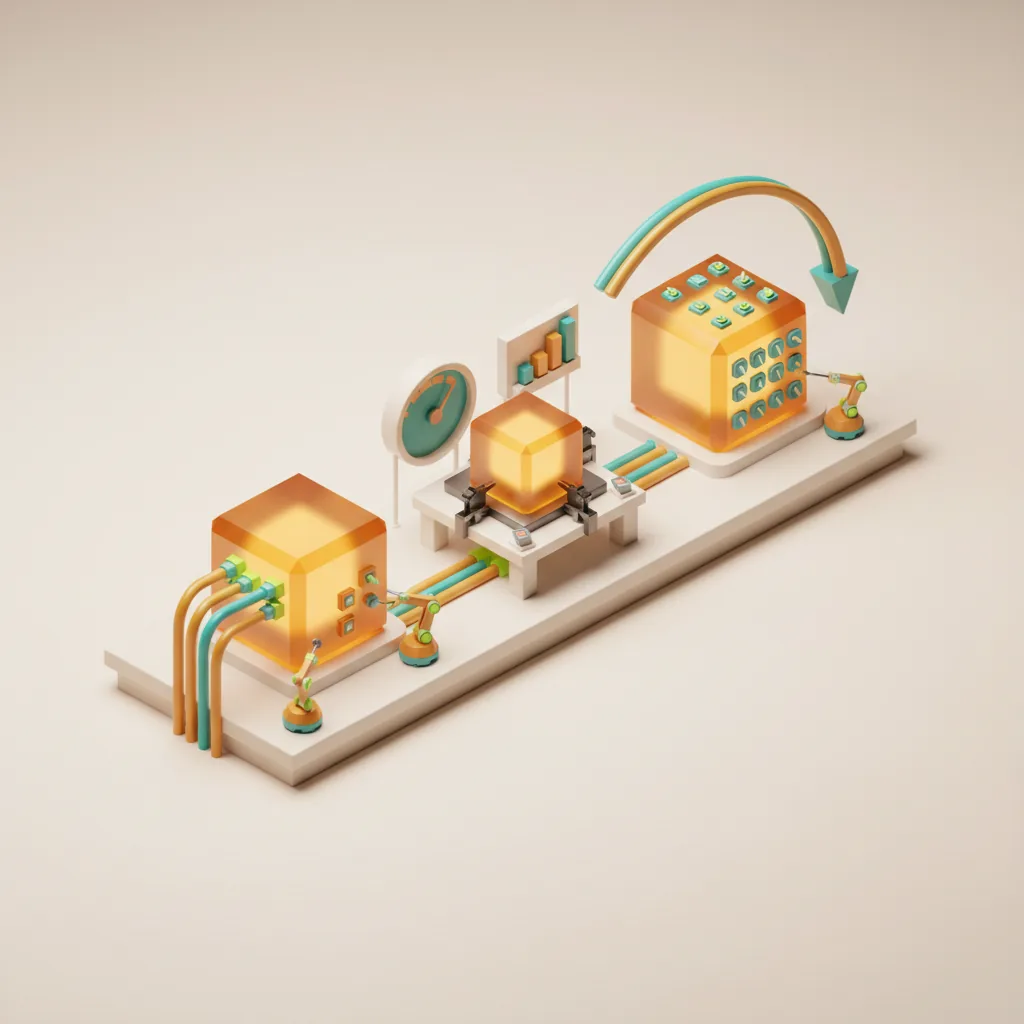 Drei beschriftete Stationen auf einer Werkbank in Reihenfolge: eine Integrations-Station mit Verkabelung, eine Mess-Station mit Anzeige und eine Fine-Tuning-Station mit Präzisionswerkzeug, Pfeile schleifen von der letzten zur ersten Station zurück