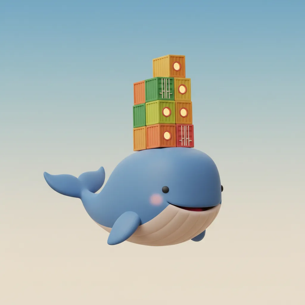 Isometrische Flotte von Docker-Containern, die jeweils einen KI-Kern im Produktivbetrieb ausführen