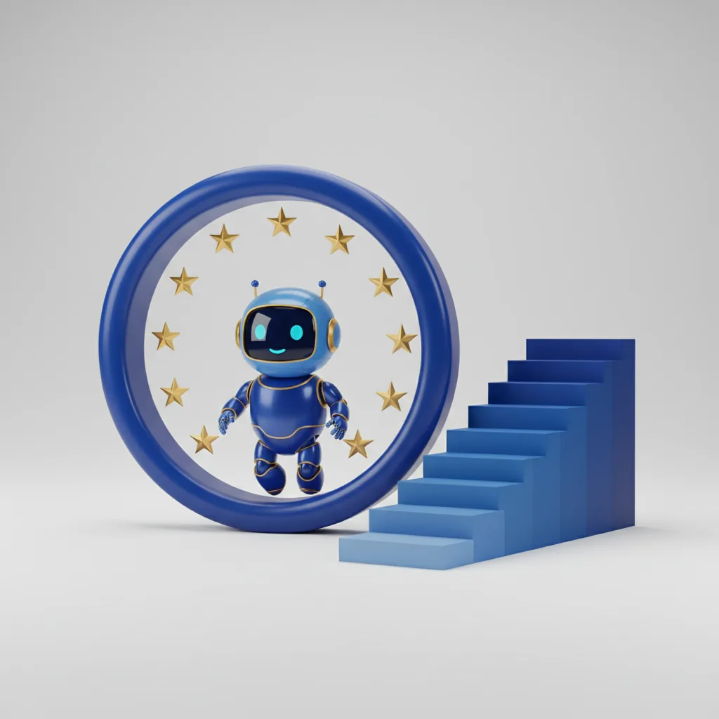 Ein KI-System durchläuft ein EU-AI-Act-Compliance-Gate mit gestuften Risikostufen