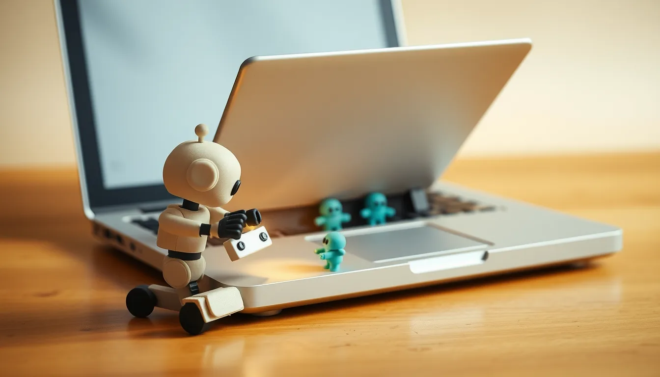 A cream clay robot with a torch beside an open laptop, three small teal toy robots hiding under the raised keyboard panel and on the palm rest