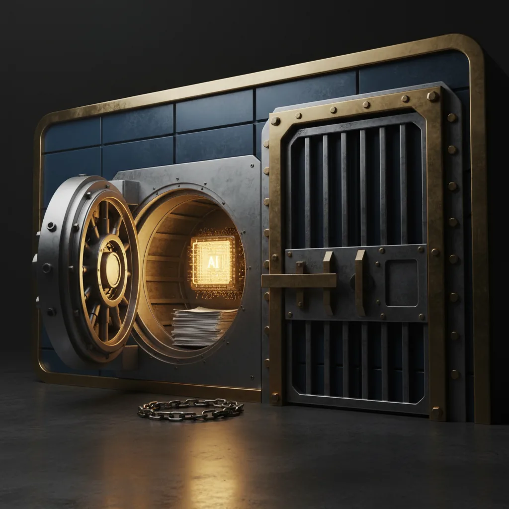 A self-hosted AI assistant running inside a sealed server rack with a glowing audit-log chain and a default-deny firewall boundary around it, no data leaving the building