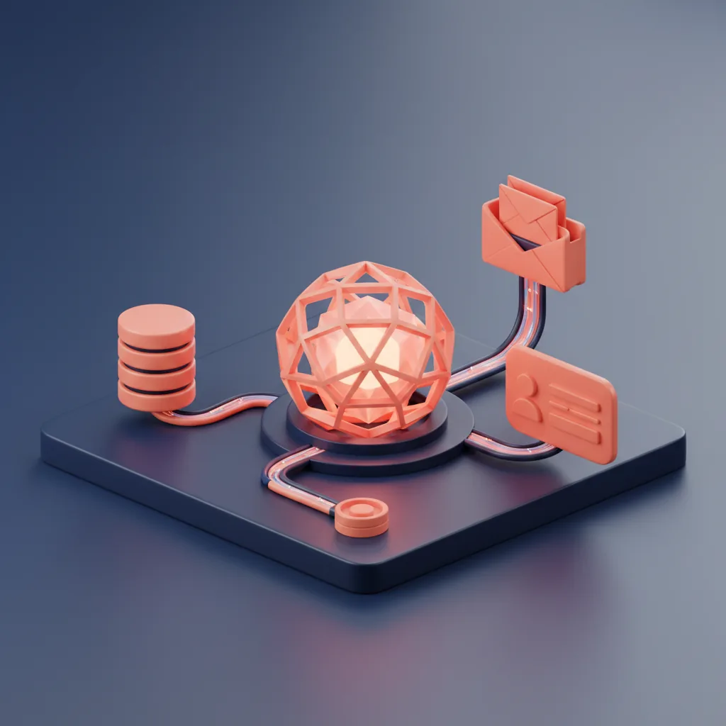 Isometric illustration of an LLM core integrated via adapters into existing business systems, database, CRM and API