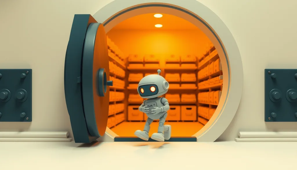 A massive vault door swinging shut on shelves of AI model weight drives while one last download is carried out