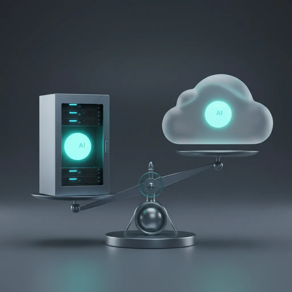 A scale weighing a self-hosted on-premise AI server against a cloud API on cost, privacy and control